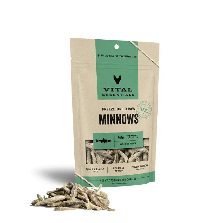 Package of Vital Essentials freeze-dried raw minnows dog treats on a white background. Wagging Tails Pet Boutique 