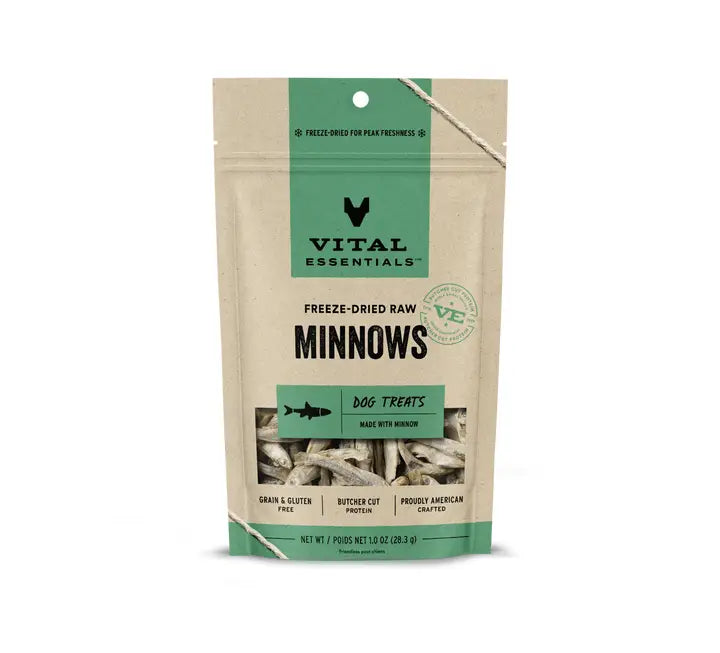 Vital Essentials freeze-dried raw minnows dog treats packaging on a white background. Wagging Tails Pet Boutique